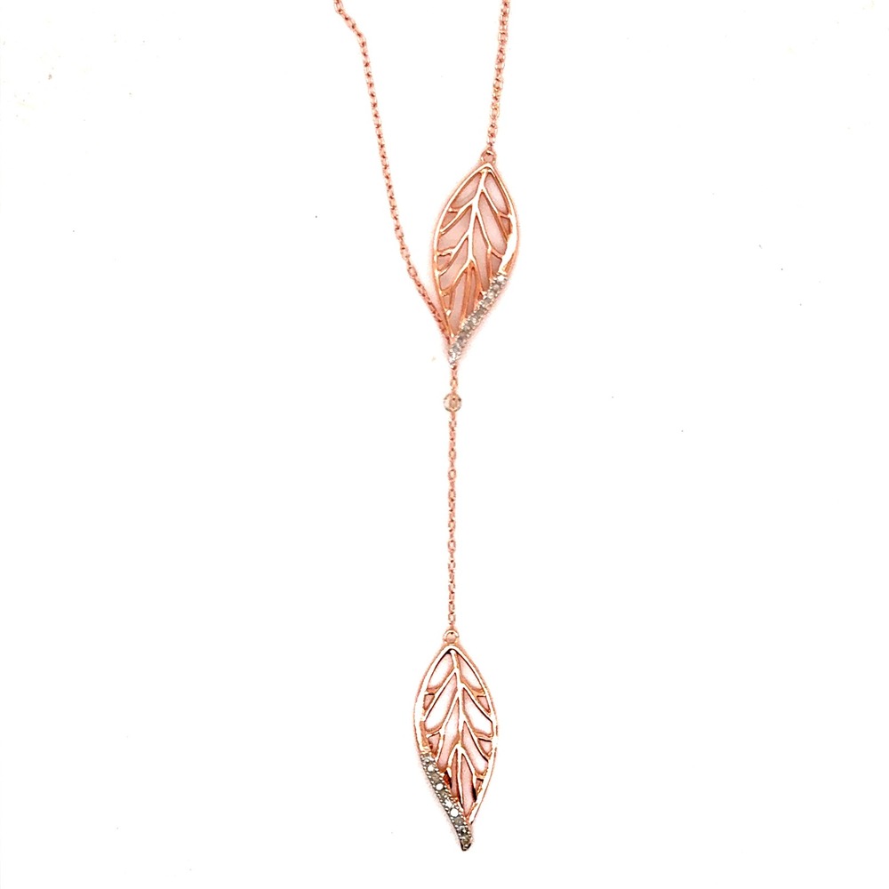 Rose Gold 925 Sterling Silver Diamond Leaf Lariat Necklace 18 Inch